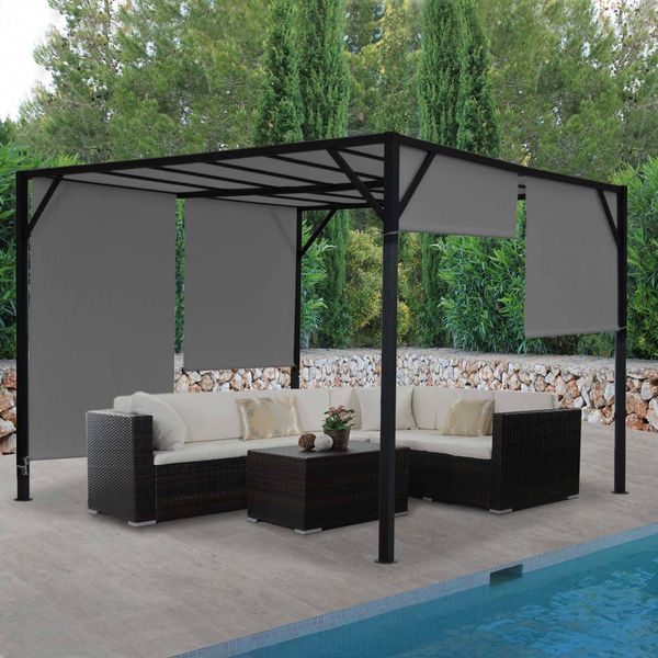 Pergola Baia, Copertura Per Patio A Padiglione Da Giardino, Robusta Struttura In Acciaio Da 6 Cm + Tetto Scorrevole Grigio ~ 4X4M-image