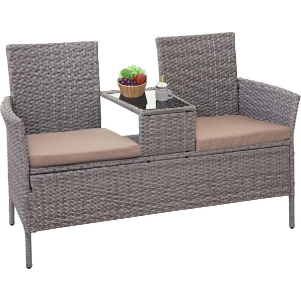 Panca In Poly-Rattan Con Tavolo HWC-E24, Panca Da Giardino Gruppo Di Seduta Divano Da Giardino, 132Cm ~ Grigio, Cuscini Crema-image