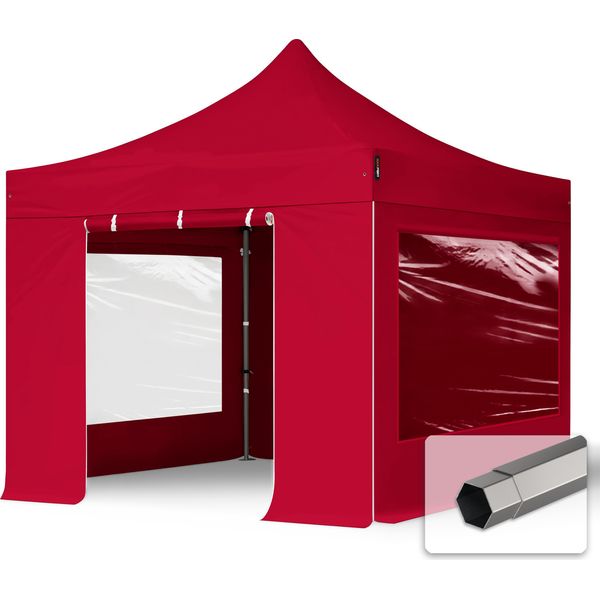 Toolport 3X3M Gazebo Pieghevole Con Laterali (Finestre Panoramiche), Premium Acciaio, Rosso-image