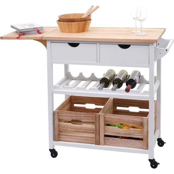 Carrello Portavivande HWC-G35, Carrello Da Cucina Carrello Da Cucina Carrello Da Cucina Carrello Da Tè, Legno Di Pino 89X119X41Cm ~ Bianco Naturale-image