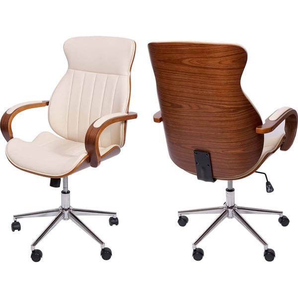 Sedia Da Ufficio HWC-H39, Sedia Da Scrivania Girevole Sedia Executive, In Legno Curvo Effetto Noce In Ecopelle Certificata Fsc® ~ Crema-image