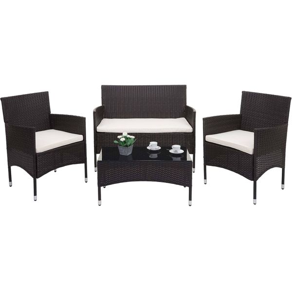 Set In Poly-Rattan HWC-F55, Set Da Balcone/Giardino/Lounge Gruppo Di Divani ~ Marrone, Cuscini Color Crema-image