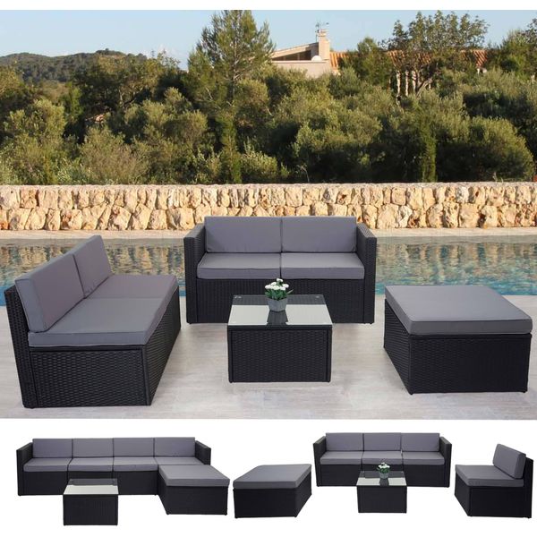 Set In Poly-Rattan HWC-D24, Divano Da Giardino/Lounge ~ Antracite, Rivestimento Grigio-image
