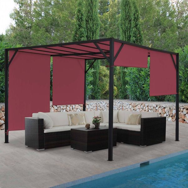 Pergola Baia, Copertura Per Patio A Padiglione Da Giardino, Robusta Struttura In Acciaio Da 6 Cm + Tetto Scorrevole Rosso Bordeaux ~ 4X4M-image