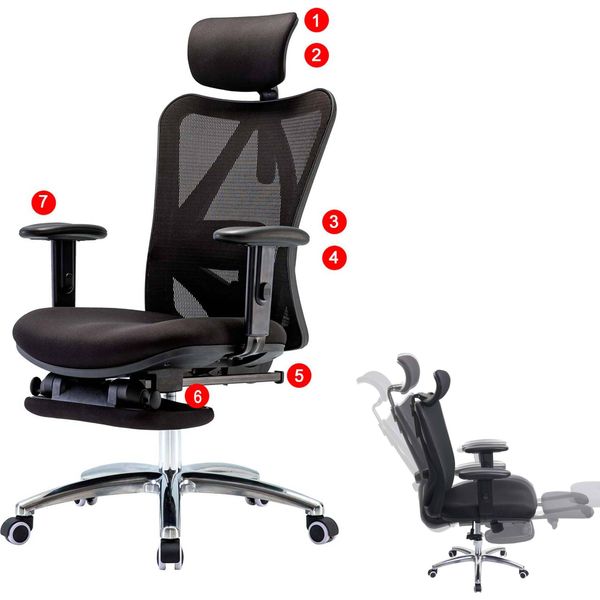Sedia Da Ufficio Sihoo Sedia Da Scrivania, Ergonomica, Supporto Lombare Regolabile, Portata 150 Kg ~ Con Poggiapiedi, Nero-image