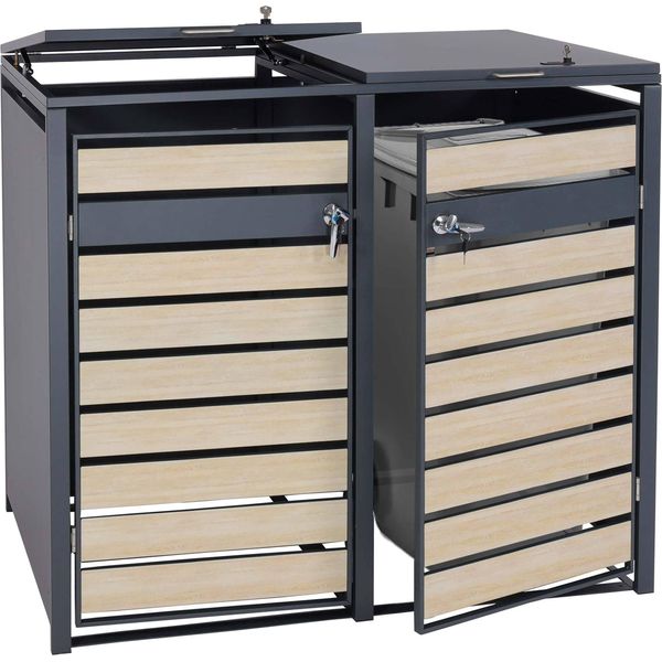 Contenitore Per Rifiuti A 2 Scomparti HWC-J81, Contenitore Per Rifiuti, Espandibile, Metallo 50 Kg, Antracite ~ Faggio Marrone Chiaro-image