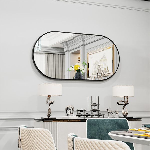 Wisfor Specchio Con Cornice In Metallo Nero, Moderno Specchio Da Parete Ovale E Rotondo Specchio Da Bagno Specchio Decorativo, Appeso, 100×50 Cm-image