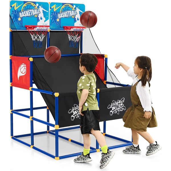 Set Gioco Basket Arcade Costway, Supporto Per Pallacanestro Con 2 Canestri, 4 Palloni E Pompa, Mini Canestro Per Esterno Indoor, Gioco Basket 2 Giocatori, Canestro Per Bambini Adulti, Altezza 140Cm-image