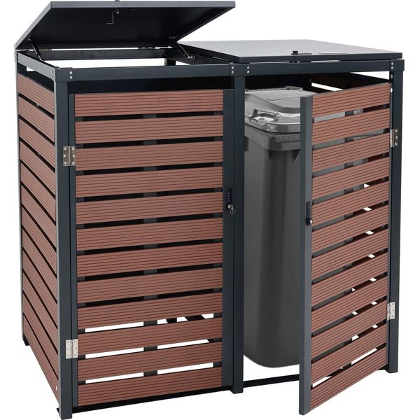 2 Coperchio Per Cestino HWC-K14, Coperchio Per Cestino, 119X134X84Cm Wpc Metallo 78Kg ~ Aspetto Legno Noce-image