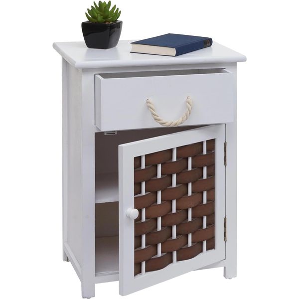 Cassettiera HWC-K83, Mobile Cassettiera, Legno 55X39,5X28,5 Cm ~ Bianco, Polyrattan Marrone-image