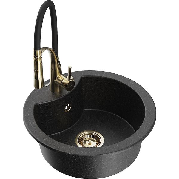 Mexen Diego Lavello Da Cucina In Granito A 1 Vasca Con Miscelatore Aster, Nero/Metallo Argento - 6512-73-73450-57-G-image