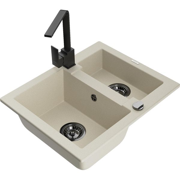 Mexen Carlos Lavello In Granito Con 1,5 Vasche E Miscelatore Cucina Rita, Beige - 6518-69-670300-70-image