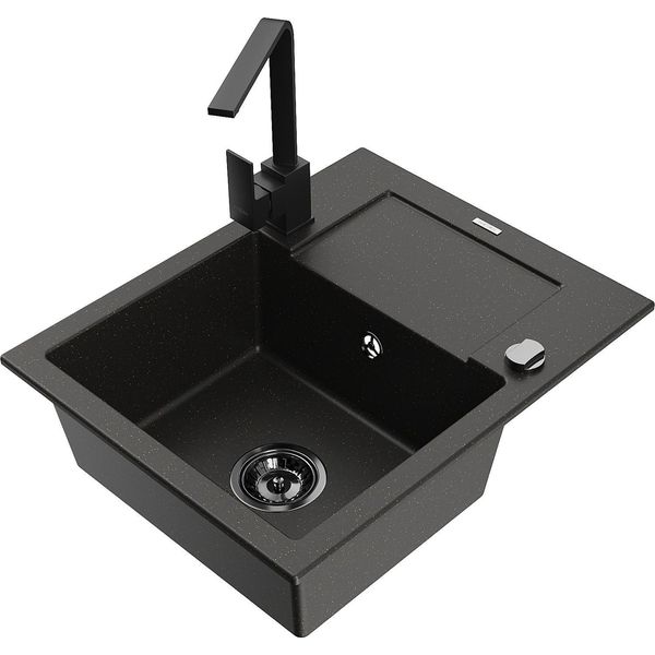 Mexen Enzo Lavello In Granito A 1 Vasca Con Scolapiatti E Rubinetto Da Cucina Rita, Nero/Oro Metallizzato - 6506-75-670300-70-B-image