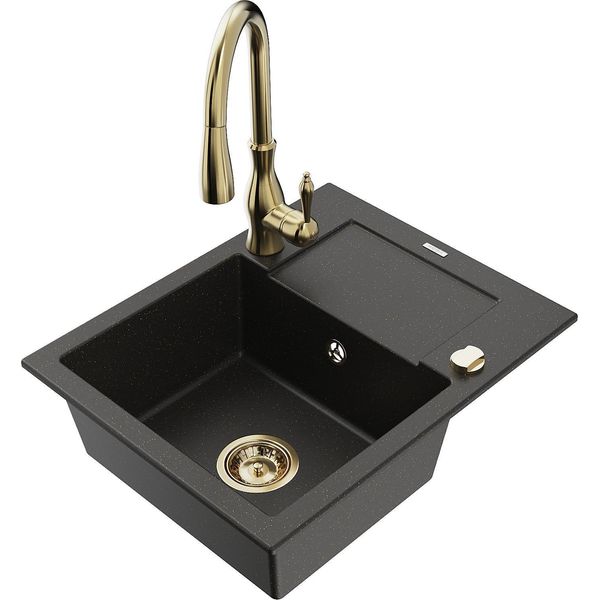 Mexen Enzo Lavello In Granito 1-Vasca Con Sgocciolatoio E Rubinetto Da Cucina Savita, Nero/Oro Metallico - 6506-75-672601-50-image