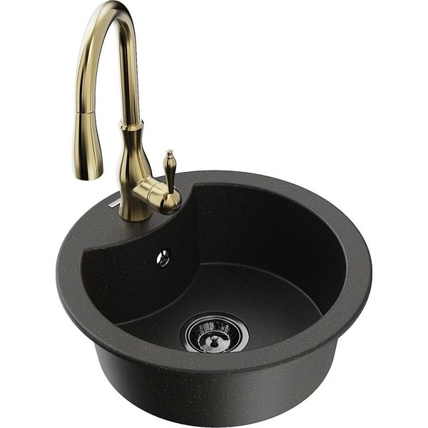Mexen Diego Lavello In Granito A 1 Vasca Con Miscelatore Da Cucina Savita, Nero/Oro Metallizzato - 6512-75-672601-50-B-image
