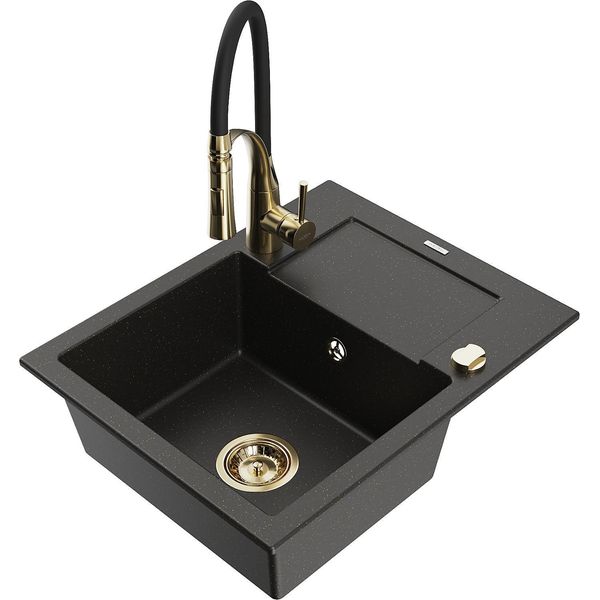 Mexen Enzo Lavello In Granito A 1 Vasca Con Gocciolatoio E Rubinetto Da Cucina Aster, Nero/Oro Metallizzato - 6506-75-73450-57-G-image