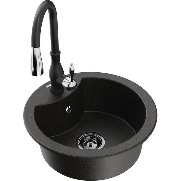 Mexen Diego Lavello In Granito 1 Vasca Con Rubinetto Da Cucina Savita, Nero/Metallizzato Oro - 6512-75-672601-70-B-image