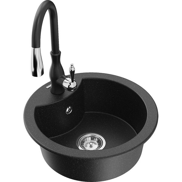 Mexen Diego Lavello In Granito A 1 Vasca Con Rubinetto Da Cucina Savita, Nero/Argento Metallizzato - 6512-73-672601-70-image
