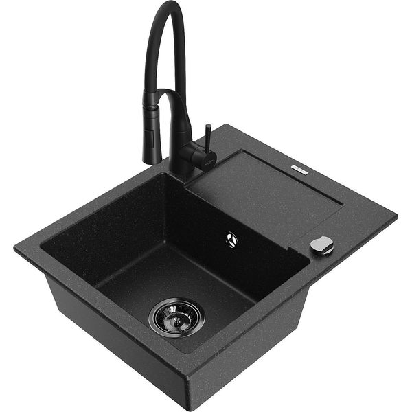 Mexen Enzo Lavello In Granito A 1 Vasca Con Sgocciolatoio E Rubinetto Da Cucina Aster, Nero/Argento Metallizzato-image