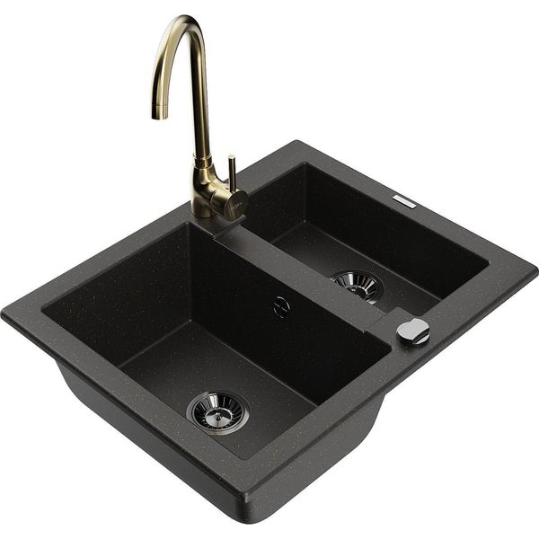 Mexen Carlos Lavello In Granito 1,5 Vasche Con Rubinetto Da Cucina Telma, Nero/Oro Metallizzato - 6518-75-670200-50-B-image