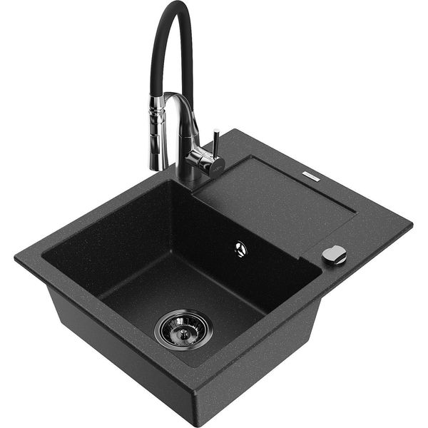Mexen Enzo Lavello In Granito A 1 Vasca Con Sgocciolatoio E Miscelatore Cucina Aster, Nero/Argento Metallizzato-image