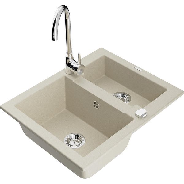 Mexen Carlos Lavello In Granito Da 1,5 Vasche Con Rubinetto Da Cucina Telma, Beige - 6518-69-670200-00-image
