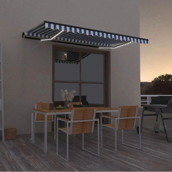 The Living Store Tenda A Scomparsa Manuale Con Led 450X300 Cm Blu E Bianco-image
