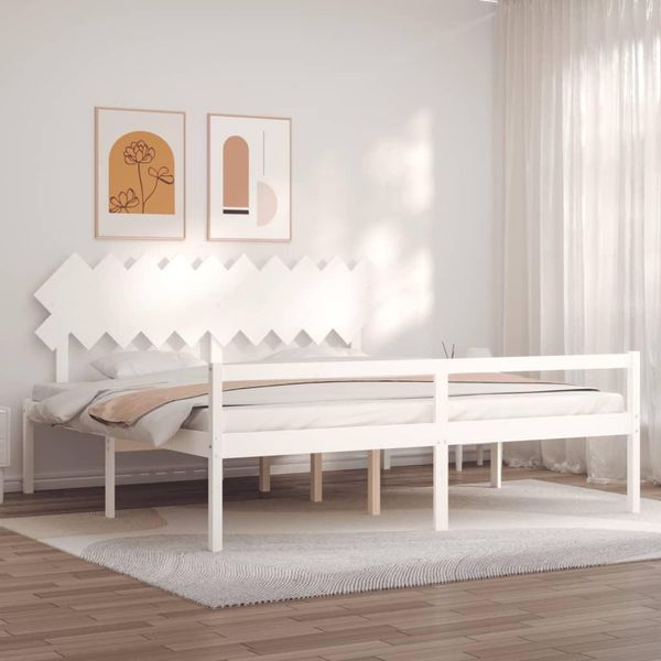 The Living Store Letto Senior Con Testiera 200X200 Cm In Legno Massiccio Bianco-image