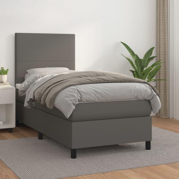 The Living Store Letto A Molle Con Materasso Grigio 90X200 Cm In Pelle Finta-image