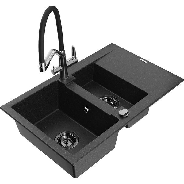Mexen Gaspar Lavello In Granito 1,5 Vasche Con Scivolo E Miscelatore Cucina Duo, Nero/Argento - 6507-73-671701-07-B-image