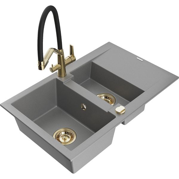 Mexen Gaspar Lavello In Granito 1,5 Vasche Con Scolapiatti E Rubinetto Duo, Grigio - 6507-71-671701-57-G-image