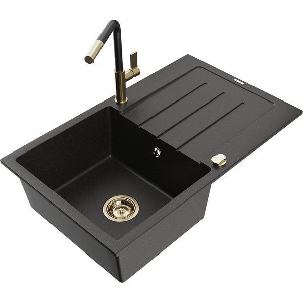 Mexen Bruno Lavello In Granito 1 Vasca Con Scolapiatti E Rubinetto Da Cucina Flora, Nero/Oro Metallizzato - 6513-75-670401-57-G-image