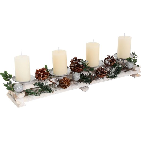 Composizione Dell'avvento HWC-M12 Con Portacandele, D'avvento Decorazione Natalizia In Legno Bianco Argento 18X49X13Cm ~ Con Candele-image