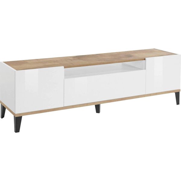 Dmora Mobile Porta Tv Argentoro 40X160X47H Cm Bianco Lucido, Apertura Push Pull 3 Vani Italy-image