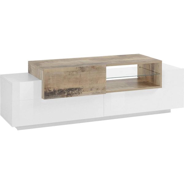 Dmora Mobile Porta Tv Andris 45X160X51H Cm Bianco Lucido, Apertura Battente E A Ribalta 3 Vani Italy-image