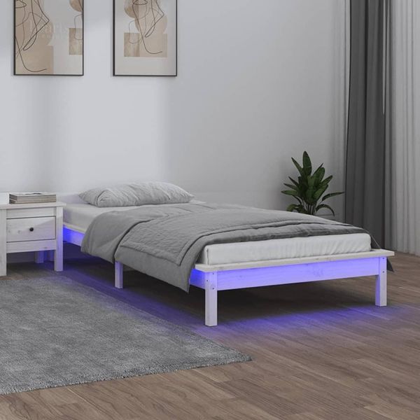 The Living Store Letto In Legno Massiccio Con Illuminazione A Led Bianco 90X200 Cm-image