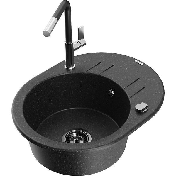 Mexen Kevin Lavello In Granito A 1 Vasca Con Gocciolatoio E Rubinetto Da Cucina Flora, Nero/Argento Metallizzato-image
