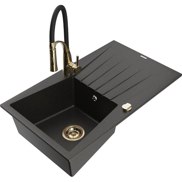 Mexen Cesar Lavello In Granito A 1 Vasca Con Sgocciolatoio E Miscelatore Cucina Aster, Nero/Oro Metallizzato-image