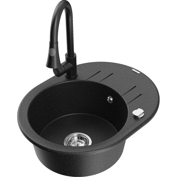 Mexen Kevin Lavello In Granito A 1 Vasca Con Sgocciolatoio E Rubinetto Da Cucina Elia, Nero/Argento Metallizzato-image
