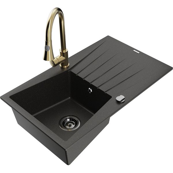 Mexen Cesar Lavello In Granito A 1 Vasca Con Scolapiatti E Rubinetto Da Cucina Elia, Nero/Oro Metallizzato - 6514-75-670101-50-B-image