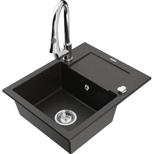 Mexen Enzo Lavello In Granito A 1 Vasca Con Gocciolatoio E Rubinetto Da Cucina Elia, Nero/Oro Metallizzato - 6506-75-670101-00-image
