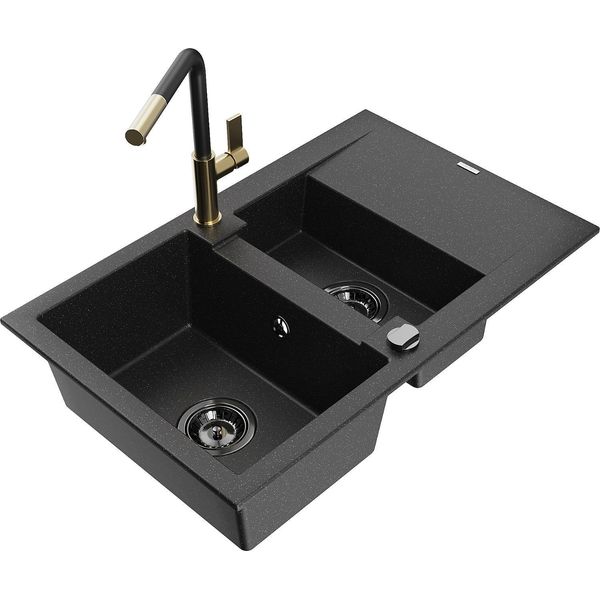 Mexen Gaspar Lavello In Granito 1,5 Vasche Con Scolapiatti E Rubinetto Cucina Flora, Nero/Argento - 6507-73-670401-57-B-image