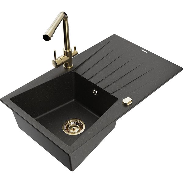 Mexen Cesar Lavello In Granito A 1 Vasca Con Sgocciolatoio E Rubinetto Da Cucina Duero, Nero/Oro Metallizzato-image