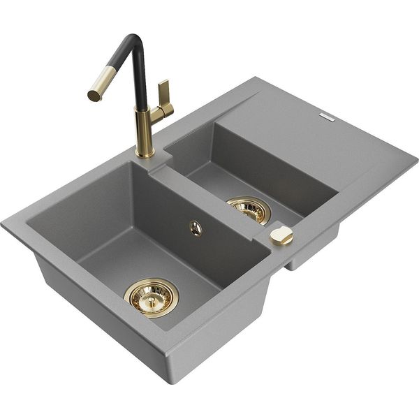 Mexen Gaspar Lavello In Granito Da 1,5 Vasche Con Scolapiatti E Rubinetto Cucina Flora, Grigio - 6507-71-670401-57-G-image