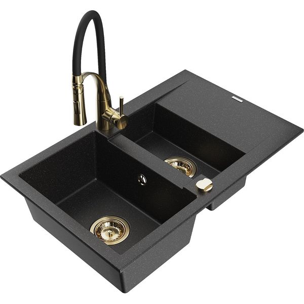 Mexen Gaspar Lavello In Granito 1,5 Vasche Con Gocciolatoio E Miscelatore Da Cucina Aster, Nero/Argento - 6507-73-73450-57-G-image