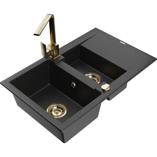 Mexen Gaspar Lavello In Granito A 1,5 Vasche Con Sgocciolatoio E Miscelatore Da Cucina Rita, Nero/Argento Metallizzato-image