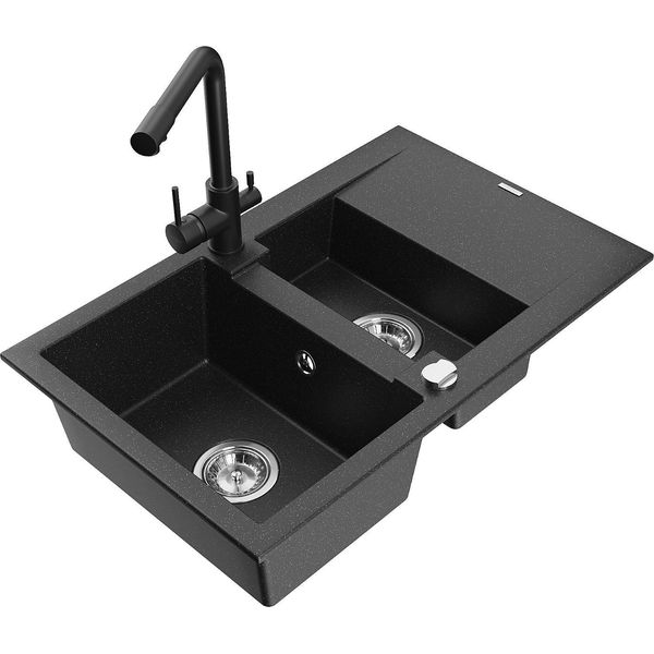 Mexen Gaspar Lavello Da Cucina In Granito Con 1,5 Vasche Con Sgocciolatoio E Rubinetto Duero, Nero/Argento - 6507-73-671600-70-image