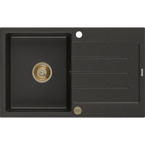 Mexen Bruno Lavello In Granito 1 Vasca Con Gocciolatoio 795 X 495 Mm, Nero/Oro Metallizzato, Sifone Oro - 6513791010-75-G-image