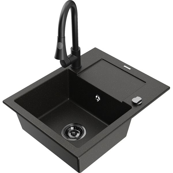 Mexen Enzo Lavello In Granito A 1 Vasca Con Sgocciolatoio E Rubinetto Da Cucina Elia, Nero/Oro Metallico - 6506-75-670101-70-B-image