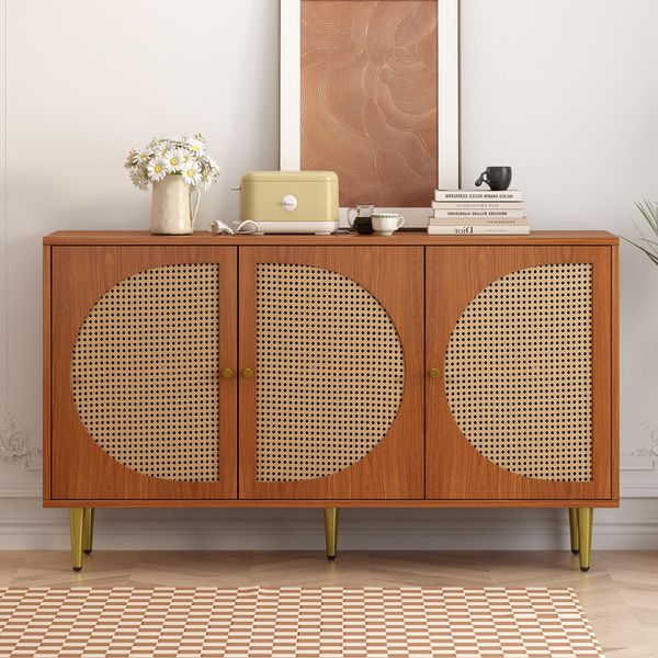 Cassettiera Flieks A 3 Ante, Credenza Soggiorno Armadi Rattan, Cassettiera Con Ripiani Regolabili, Cassettiera Camera Da Letto Corridoio Soggiorno, 130*40*76Cm-image